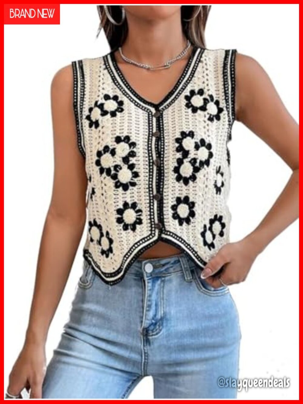 Crochet Knit Sweater Vest Button Front V Neck Sleeveless Checkered Crop